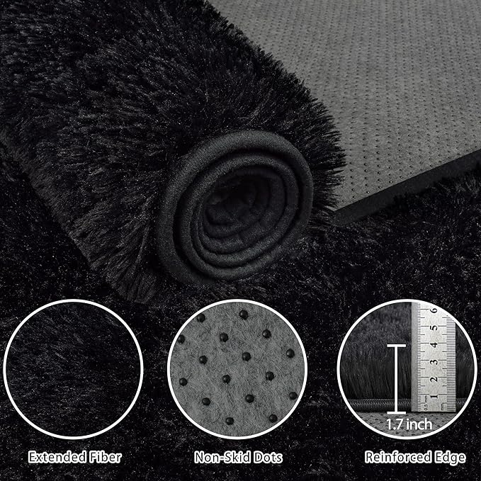 5x8 Area Rug for Living Room:Ultra Soft Fluffy Shag Black Rugs,Large Fuzzy Plush Indoor Non Slip Carpet Washable Rug for Bedroom Kids Nursery Office Dorm Modern Decor(Black 5'x8')