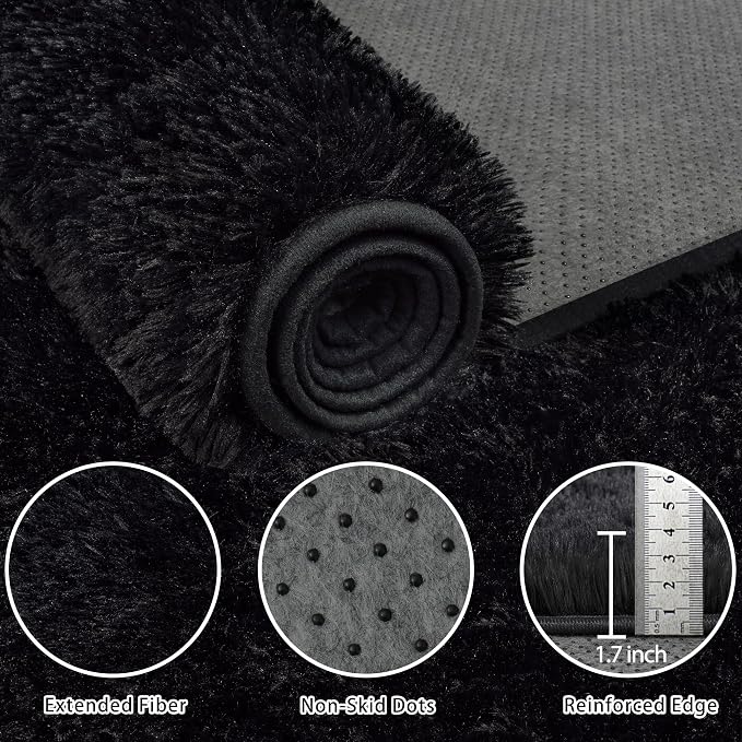 9x12 Area Rug for Living Room:Ultra Soft Fluffy Shag Black Rugs,Large Fuzzy Plush Indoor Non Slip Carpet Washable Rug for Bedroom Kids Nursery Office Dorm Modern Decor(Black 8'x10')
