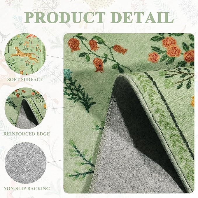 DUKINO 4x6 Area Rug, Non Slip Animal Washable Living Room Rug, Light Green | Soft, Low Pile, Stain Resistant Indoor Carpet for Bedroom, Dining Room, Nursery, Farmhouse, Pet Friendly, Non-Shedding