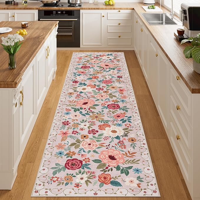 DUKINO 2.6x10 Runner Rug for Hallway, Washable Kitchen Rugs Non Slip, Beige | Soft, Low Pile, Floral Indoor Floor Rug Runner for Entryway, Bedroom, Bathroom, Laundry, Pet Friendly, Home Decor, Ultra-Thin
