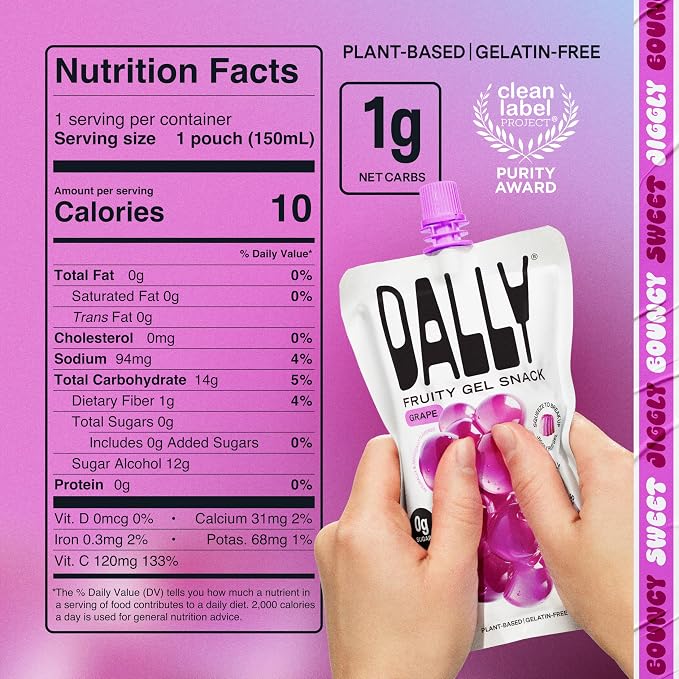 Dally Grape Drinkable Konjac Jelly, 10 Pouches, Korean Fruit Snack | Sugar free, keto and gluten free; prebiotics, postbiotics and vitamin C for skin and immune health