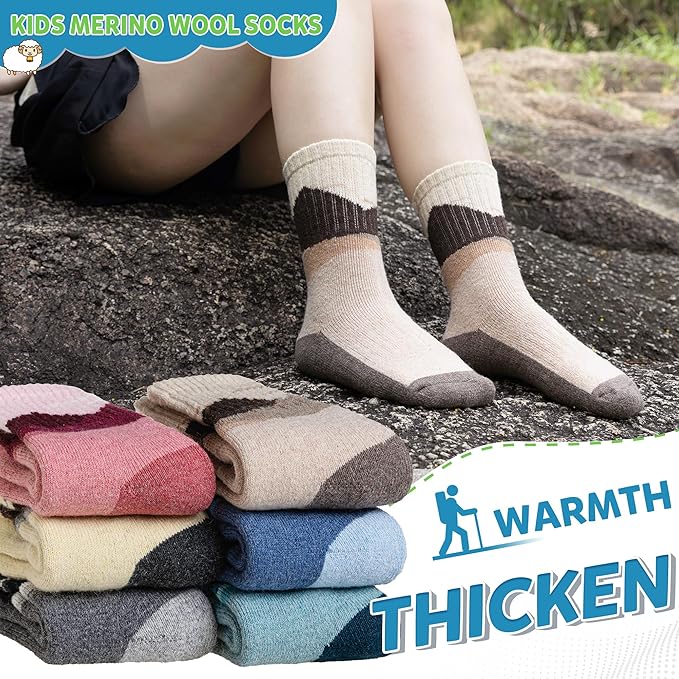 WEVIAS Kids Merino Wool Hiking Socks Boys Thermal Winter Cozy Boot Warm Cushion Socks 6 Pairs
