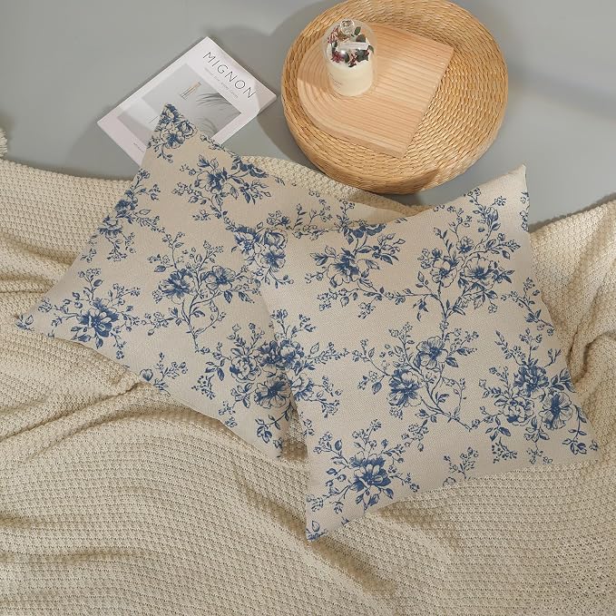 Blue and Cream Flower Pillow Covers 18x18 Set of 2 Chinoiserie Floral Decorative Throw Pillows Vintage Toile Flower Pillowcase Linen Outdoor Farmhouse Cushion Cover for Couch Sofa Decor