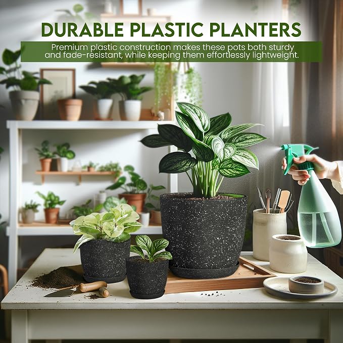 Plant Pots Indoor with Drainage 5 Pack Multi-Size Planters Set Spotty Black | Drainage holes included Multiple sizes 7/6.6/6/5.3/4.8 In Indoor plants and flowers Durable plastic construction