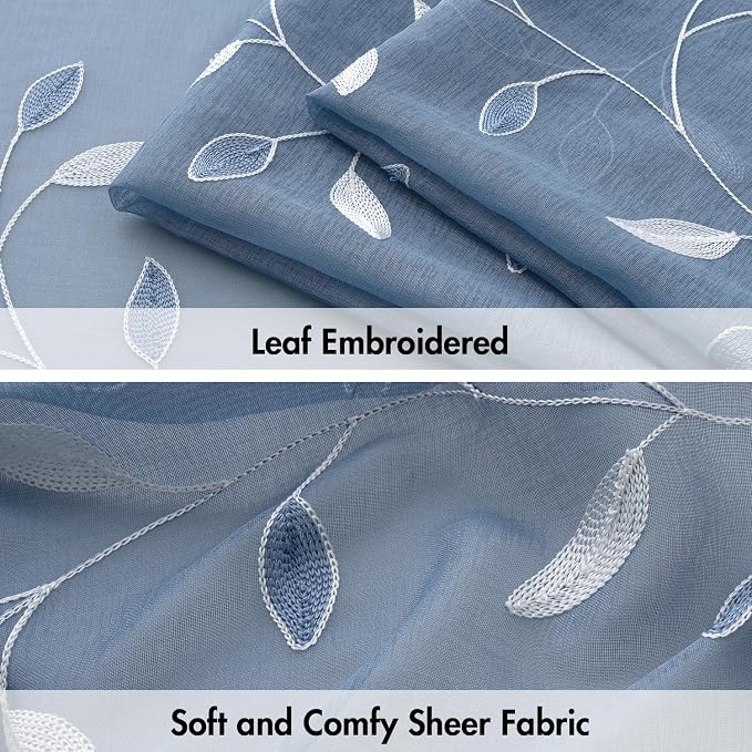 MIULEE Dusty Blue Sheer Curtains 2 Panels Embroidered Leaf Patterned Rod Pocket Floral Semi Sheer Faux Linen Window Curtains Drapes Set for Living Room Bedroom Dining Room, 52x96 Inches Long