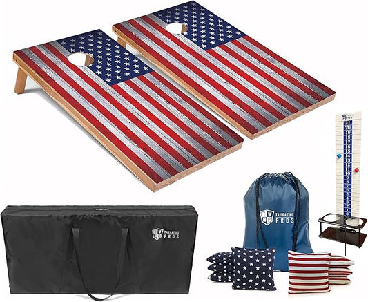 Tailgating Pros 4x2 Regulation Cornhole Boards Flag Set- Includes 8 Bean Bags, Carrying Cases, and Score Keeper - Optional LED Lights
