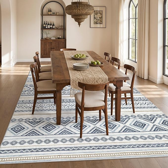 cotiled 10x12 Area Rugs Living Room Rug: Washable Boho Rugs with Non Slip Backing Large Soft Indoor Stain Resistant Carpet for Bedroom Farmhouse Dining Room Lightweight Home Decor Blue