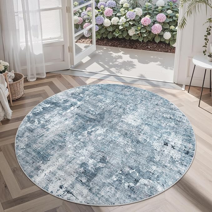 Soalmost Abstract 5x5 Round Rug 5ft Circle Living Room Rugs, Blue/Grey | Washable Vintage Indoor Carpet for Dining Bedroom, Low Pile Stain Resistant Foldable Floor Mat Entryway Home Office Decor