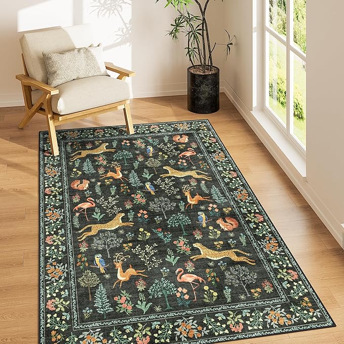 DUKINO 3x5 Rug, Washable Animal Area Rug for Bedroom Non Slip, Black | Low Pile, Stain Resistant, Soft Indoor Carpet for Living Room, Kitchen, Dining Room, Nursery, Lightweight, Pet Friendly