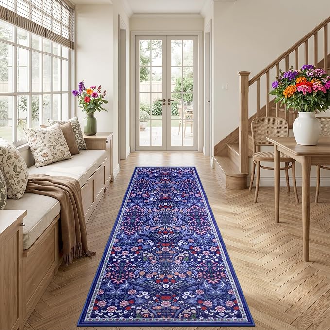 Runner Rug for Entryway: 3x10 Kitchen Rugs Non Slip Washable Ultra-Thin Soft Floral Carpet Indoor Floor Stain Resistant Carpets for Hallway Bedroom Kitchen Laundry Bathroom Dorm Blue