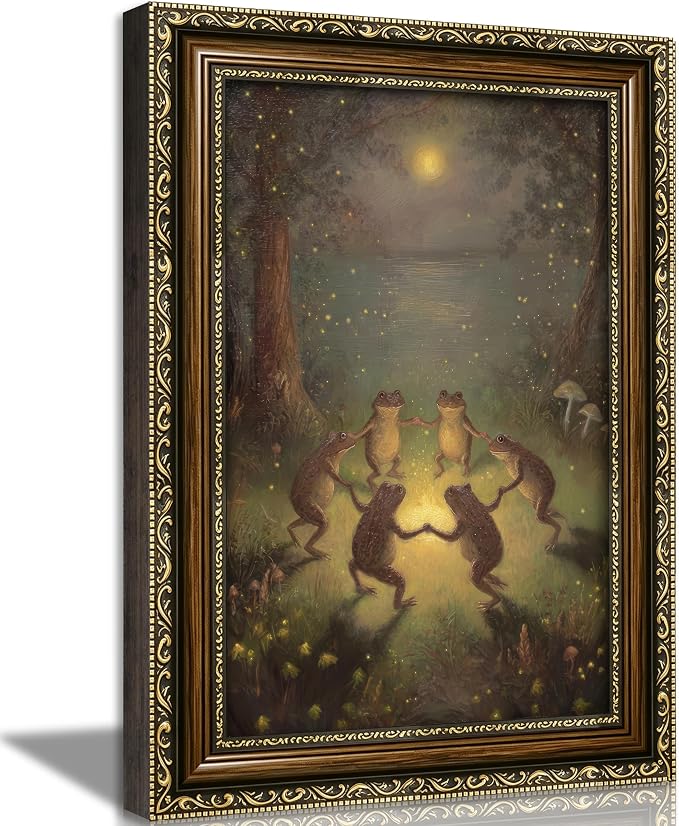 Vintage Gold Framed Frog Wall Art,Frogs Dancing in Moonlight Forest Painting Canvas Prints,Whimsical Animal Wall Decor,Retro Country Toad Poster Artwork for Corridor Living room Bedroom Kitchen