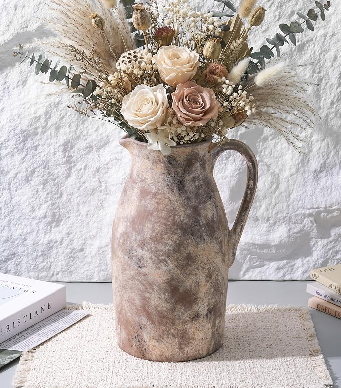 Ceramic Flower Vase with Handles,11" Neutral Tall Clay Terracotta Vases Farmhouse Table Vases with Handle Living Room Decor Rustic Pottery Pots for Home Shelf Coffee Dining Desk Fireplace
