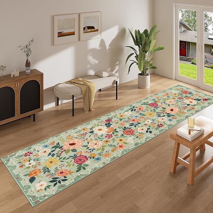DUKINO 2x14 Runner Rug, Washable Long Kitchen Runner Rug Non Slip, Green | Floral, Low Pile, Soft Indoor Runner Rug for Hallway, Entryway, Bedroom, Bathroom, Laundry, Pet Friendly, Modern Home Decor