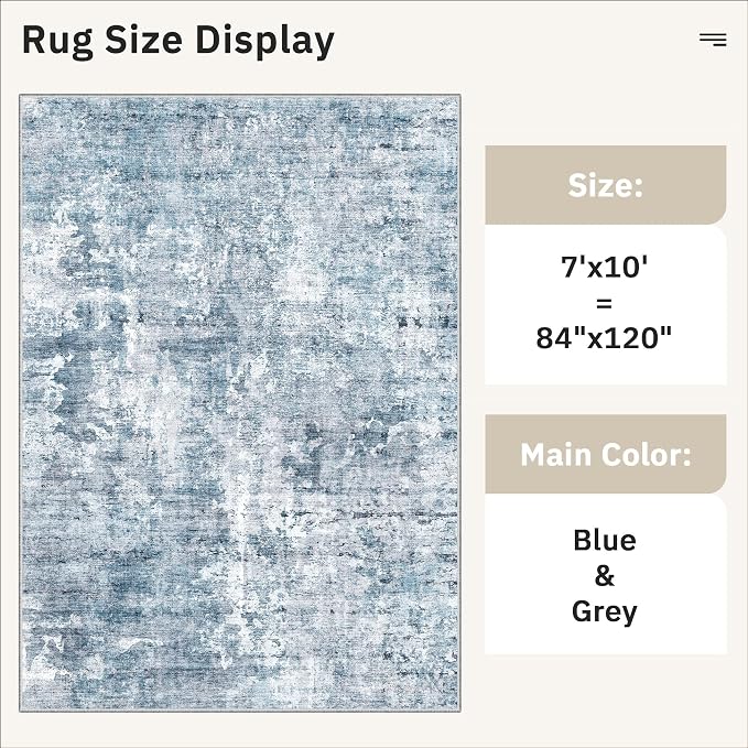 Soalmost Abstract 7x10 Area Rug for Living Room Washable Rugs Blue/Grey | Non-Slip Low-Pile Carpet for Dining Bedroom, Foldable Thin Vintage Stain Resistant Floor Mat Under Table Home Office Nursery