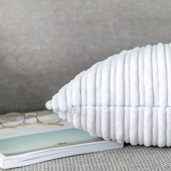 UGASA Pack of 2, Velvet Pillow Covers Striped, Decorative Throw Cushion Case with Hidden Zipper for Home Couch/Bedroom/Car, Soft Cozy Solid Square (18"x18", Pure White)