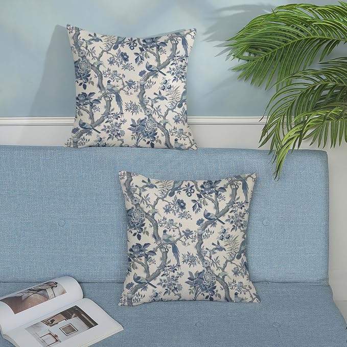 Chinoiserie Pillow Covers 20x20 Set of 2 Blue and White Bird Floral Throw Pillows Vintage Blue Flowers Decorations Outdoor Pillowcase Chinoiserie Decor Farmhouse Cushion Case for Couch Home