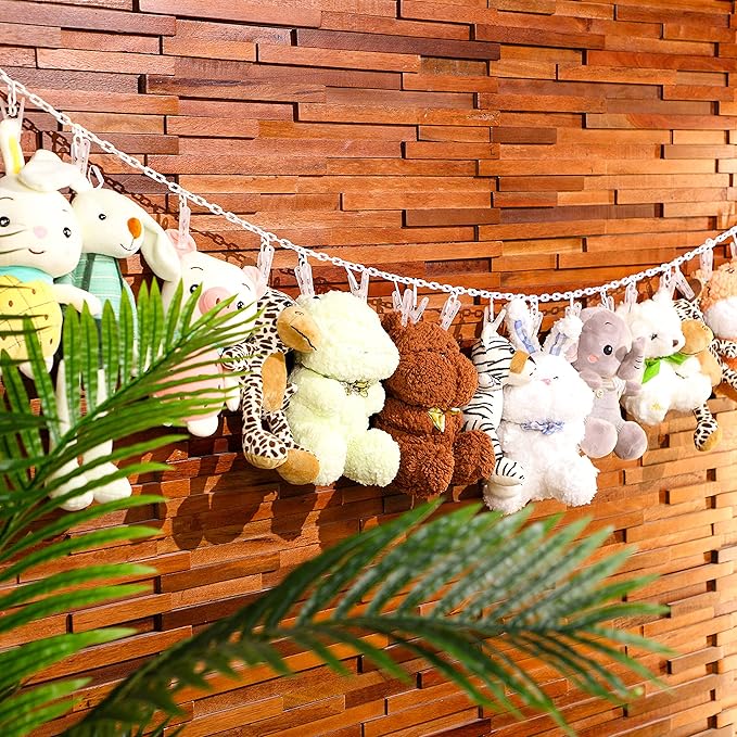 2 Pcs Stuffed Animals Storage Chain Hanging Stuffed Animal Organizer with 40 Plastic Clips 79'' Plush Toys Display Holder with Hooks for Wall Decor Bedroom Play Room Storage Hats Socks Cards