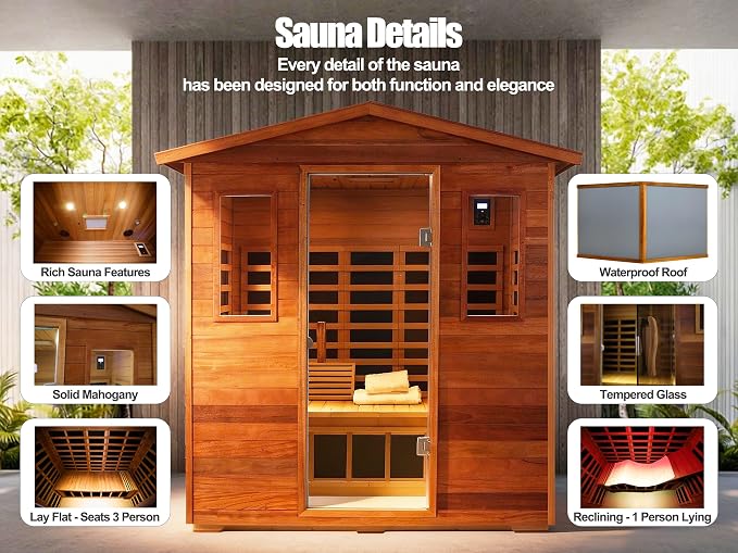 Full Spectrum Sauna, 0-5mG Ultra Low EMF Infrared Sauna 3 Person Outdoor Sauna 1950W 20Amps Far Infrared Sauna Mahogany Wooden Sauna with Red Light Therapy, Reclining Seats