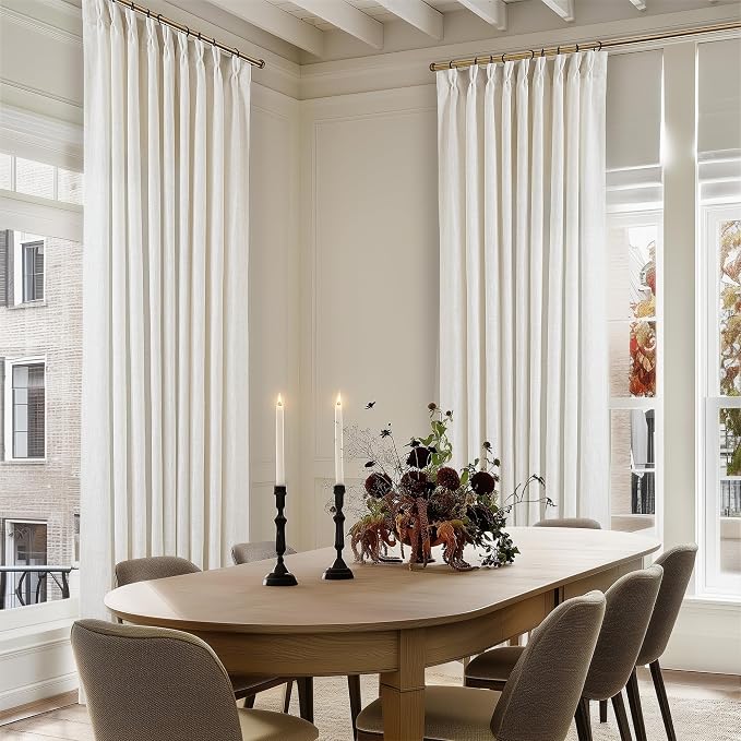 Extra Wide Pinch Pleat Curtains 120 Inches Long for Patio Sliding Glass Door Natural Linen 60 Inch Wide Curtain Memory Trained Pleated Drapes Hooks Rings 60x120 Curtain for Large Window 1 Panel