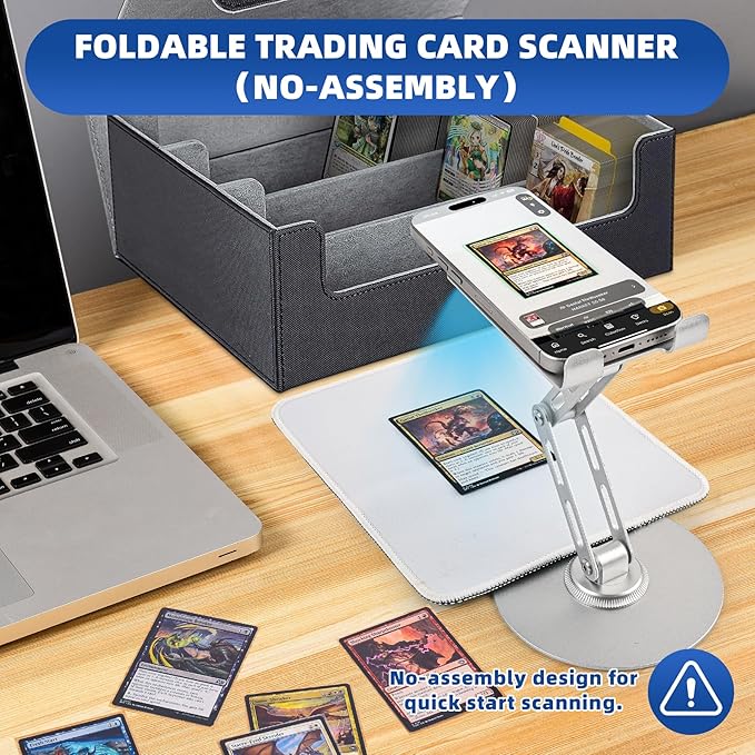 Foldable MTG Trading Card Scanner Stand,Carbon Steel Phone Holder Includes 50 Standard Size Card Sleeves and Scanning Pad,Ideal for Quickly Scan and Price Check,Available for ManaBox (silver)