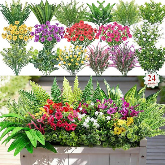 Alupssuc 24 Pcs Artificial Plants Flowers for Outdoors UV Resistant Decor | No Fade Plastic Spring Fake Plants Greenery, For Patio Porch Garden Pathway Home Spring Decor, 4 Colors