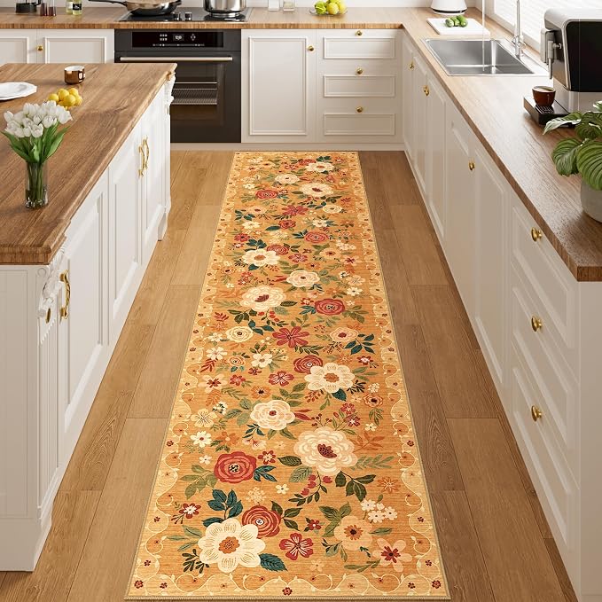 DUKINO 2x8 Runner Rug, Washable Runner Rug for Kitchen Non Slip, Orange | Floral, Low Pile, Soft Indoor Rug for Hallway, Entryway, Bedroom, Bathroom, Pet Friendly, Stain Resistant, Modern Home Decor