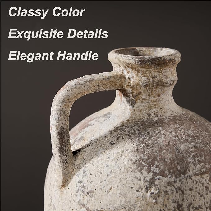 PORCER Antique Ceramic Vase, 8.3 Inch Terracotta Vase with Handle, Tuscan Decor Decorative Vase, Rustic Vase for Home Decor, Farmhouse, Living Room, Floor, Wedding, Christmas- Gray