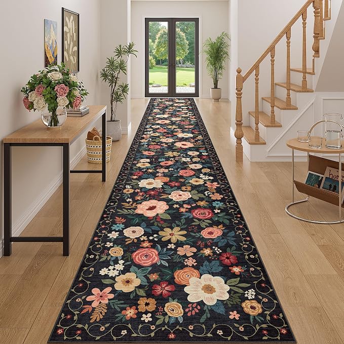 DUKINO 3x20 Runner Rug for Hallway, Floral Washable Long Runner Rug, Black | Non Slip, Low Pile, Indoor Rug Runner for Kitchen, Entryway, Bedroom, Bathroom, Laundry, Pet Friendly, Home Decor, Ultra-Thin