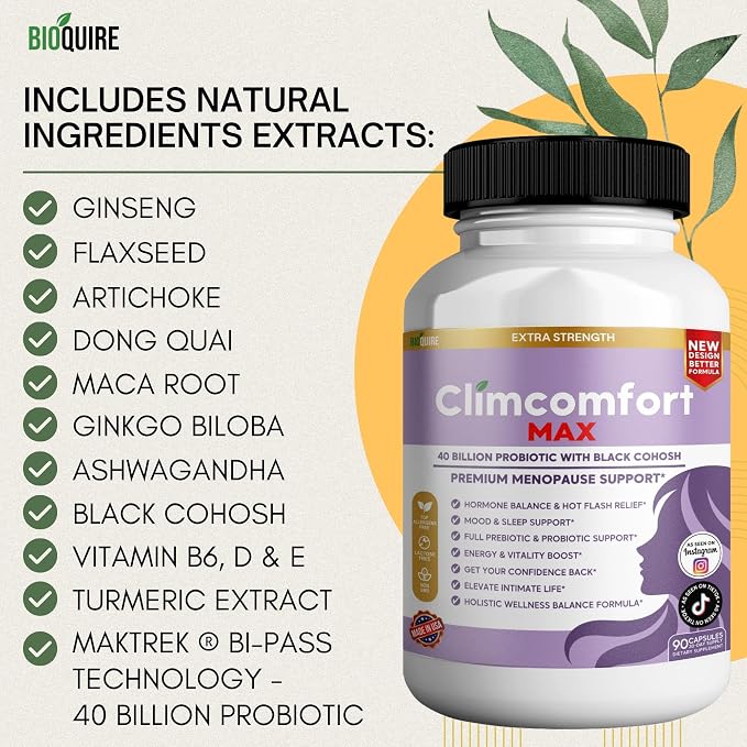 Climcomfort Max Menopause Support, 40 Billion Probiotic with Black Cohosh, 90 Capsules, Hormone Balance and Hot Flash Relief (1)