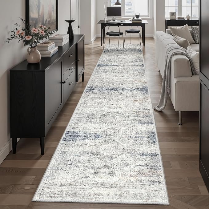 Soalmost Runner Rug 2x12 Washable Hallway Kitchen Runners Blue/Ivory | Non-Slip Vintage Rugs for Bathroom Laundry Room, Soft Low Pile Foldable Floor Carpet Mat for Entryway Corridor Bedroom