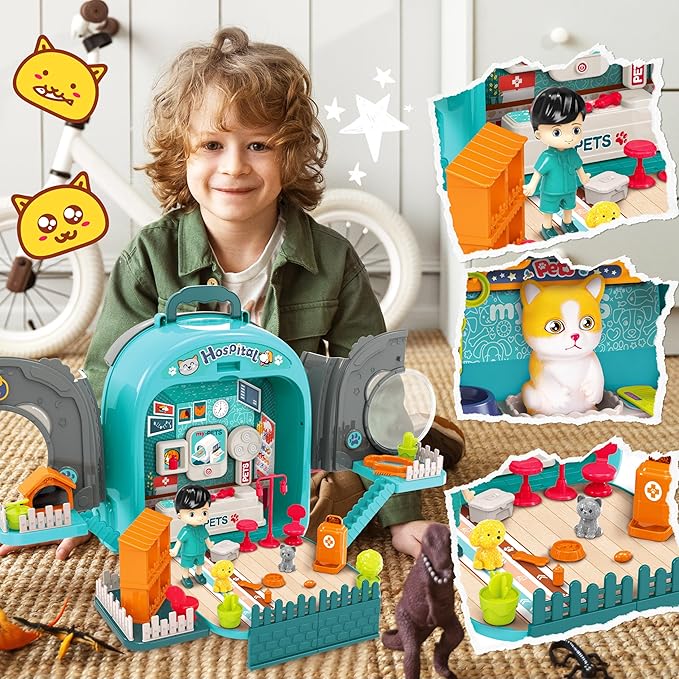SMILESSKIDDO Pet Carrier Backpack Toy, 3 in 1 Pet Care Playset, Pretend Play Pet Hospital Accessories & Hair Dryer Toy, Cat Role Play Set for Boys Ages 3+