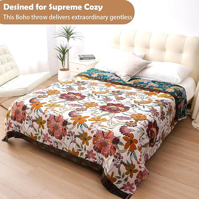 VANJOROY Queen Boho Throw Blanket for Bed, 100% Cotton Muslin Soft Throw-Floral Farmhouse Rustic Decor Blanket for Couch Sofa Quilt and Gift, 80" x 90"-BeigeWhite