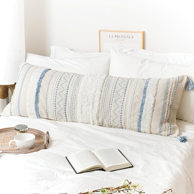 20X54 Oversized Large Lumbar Pillow Cover for Bed, Rectangular Long Decorative Throw Pillowcase, Cotton Boho Accent Cushion with Blue Tufted Pattern and Tassels, Cream Neutral (Cover Only)