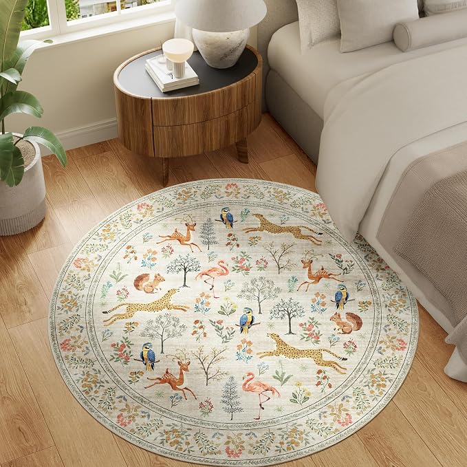 DUKINO 5ft Round Rug, Washable Animal Non Slip Circle Area Rug, Beige | Low Pile, Soft, Non-Shedding Indoor Round Carpet for Bedroom, Living Room, Farmhouse, Farmhouse, Pet Friendly, Lightweight