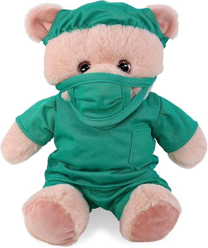 DolliBu Baby Pink Bear Doctor Plush Toy - Super Soft Bear Doctor Stuffed Animal Dress Up with Cute Scrub Uniform and Cap Outfit - Fluffy Doctor Toy Plush Gift with Personalization - 8 Inches