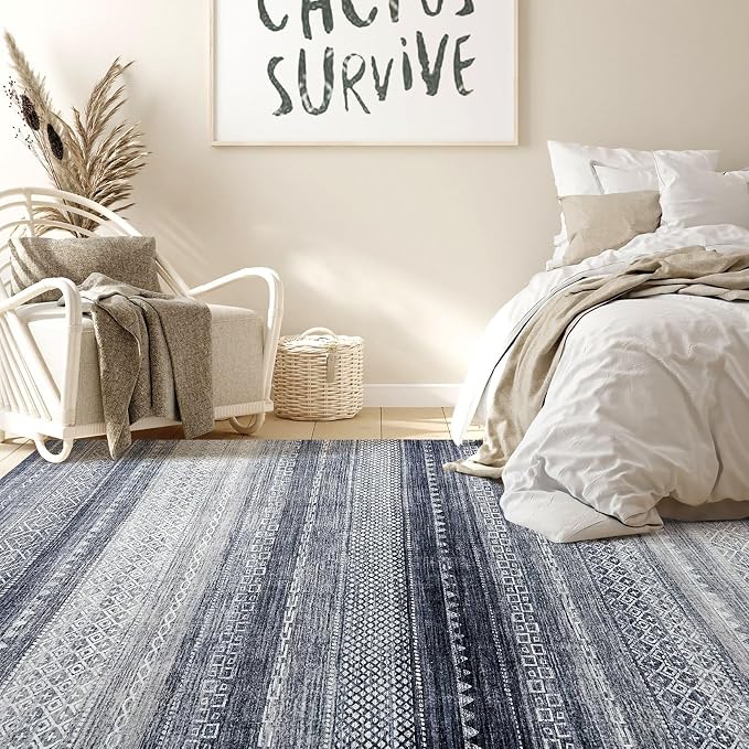 Nakagishi Boho 6x9 Area Rug Living Room Rugs Machine Washable Blue | Soft, Pet & Kid Friendly, Carpet for Living Room/Bedroom/Office/Kitchen/Nursery, Daily Home Decor Stain Resistant Moroccan