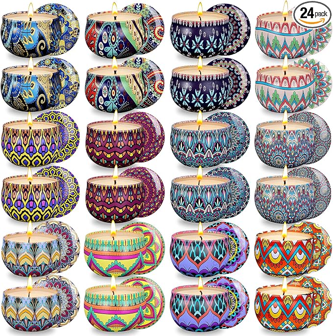 Set of 24 Small Scented Candles Soy Wax Aromatherapy Candles 2.5 OZ Portable Tin Candles with Lid, Relaxation Gifts Basket for Mother, Women, Friends and Coworkers