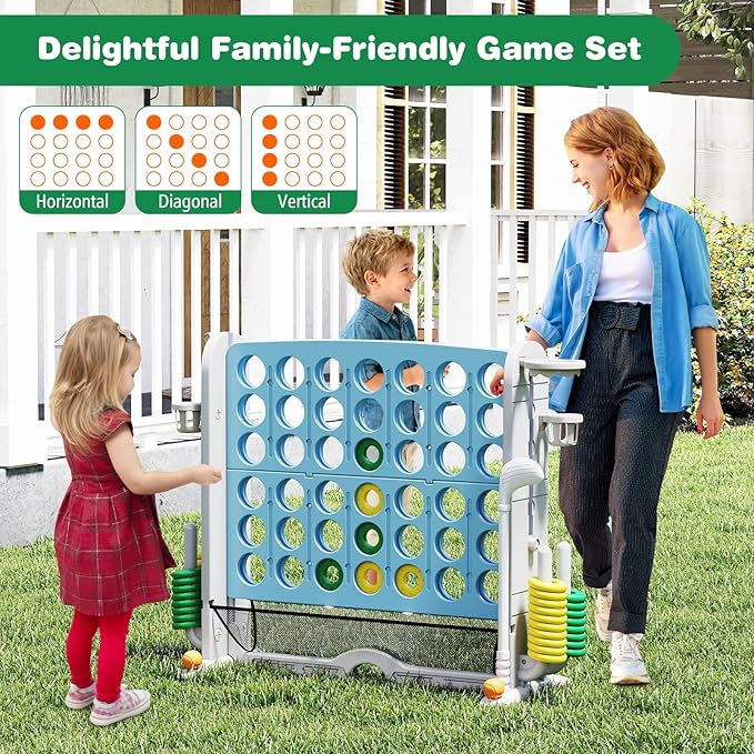 Costzon Giant 4-in-A-Row Connect Game, Height Adjustable 4-in-1 Jumbo 4-to-Score Yard Game with Golf, Ring Toss, Basketball, Cup Holder & Mesh Net, Indoor Outdoor Game for Kids Adults Family Party
