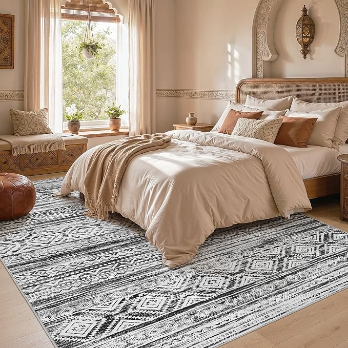cotiled 6x9 Area Rugs Living Room Rug: Washable Boho Rugs with Non Slip Backing Large Soft Indoor Stain Resistant Carpet for Bedroom Farmhouse Dining Room Lightweight Home Decor White/Black