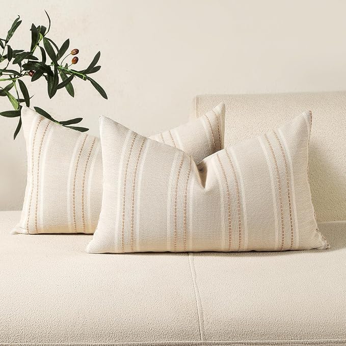 Hckot Throw Pillow Covers 12x20 Set of 2 Striped Pillow Covers Textured Linen Decorative Pillows Lumbar Cushion Covers for Sofa Couch Bed Living Room Farmhouse Decor, Khaki