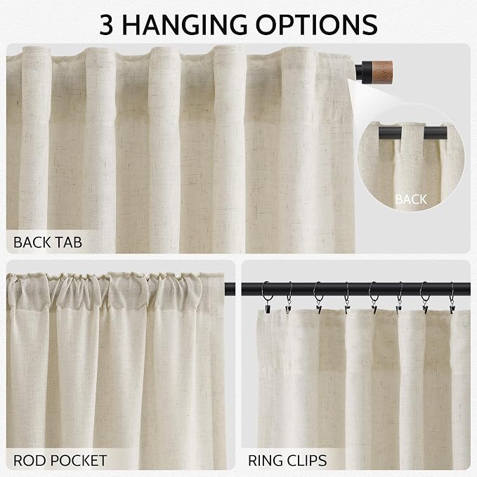 Nanspring Vanilla Linen Curtains 96 Inches Long for Living Room Modern Farmhouse Decor Luxury Light Filtering Semi Sheer Curtain Back Tab Coastal Drapes for Bedroom Office 52x96, 2 Panels
