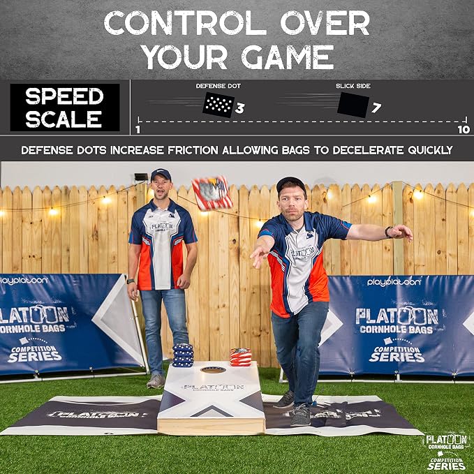 Play Platoon Competition Series Cornhole Bags Set of 8 Regulation Professional Weight Double Sided Slick and Stick with Rubber Sticky Dot Slow Side for Pro Corn Hole Bean Bag Toss Game-Designed in USA