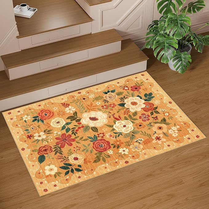 DUKINO 4x6 Area Rug, Floral Washable Rug Non Slip Office Chair Mat, Orange | Low Pile, Stain Resistant, Soft Indoor Rug for Bedroom, Living Room, Dining Room, Kids Room, Pet Friendly, Modern Home Decor