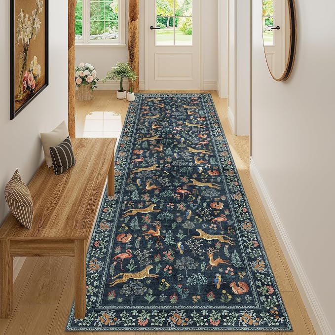 DUKINO 3x10 Washable Runner Rug, Non Slip Animal Rug for Hallway, Navy Blue | Low Pile, Stain Resistant, Soft Thin Indoor Rug Runner for Kitchen, Entryway, Bedroom, Bathroom, Pet Friendly, Non-Shedding