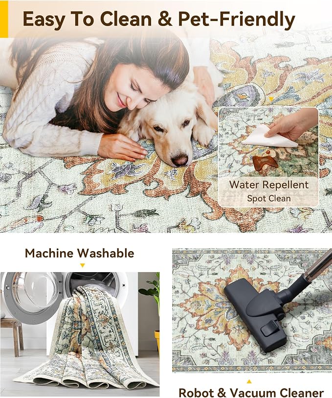 RELEANY Area Rugs Runner 2'6"x12' Washable Non-Slip, Floral Vintage Distress Medallion Carpet for Kitchen Hallway Bedroom Beside Laundry Room Bathroom, Beige Carbon Grey Orange