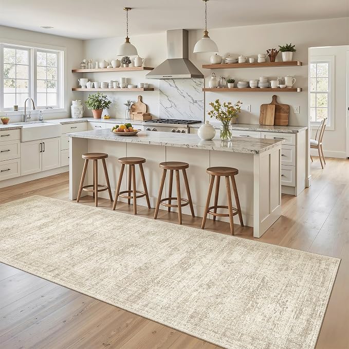 Soalmost Washable Kitchen Runner Rug 3x8 Hallway Entry Rugs Non-Slip, Beige | Vintage Runners 8ft for Bathroom Laundry Room, Foldable Low-Pile Floor Carpet Mat for Entryway Corridor Bedroom