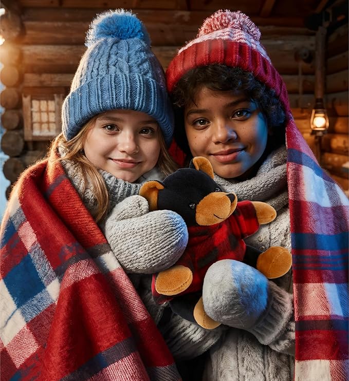 DolliBu Super Soft Black Bear Stuffed Animal with Plaid Red Hoodie Sweater and Personalization - Bear Plush Lumberjack Stuffed Toy with Plaid Jacket Dress Up for Christmas, Holiday, Winter - 6 Inches