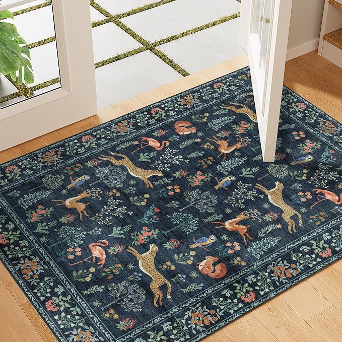 DUKINO 2x3 Entryway Rug, Washable Door Mat Animal Kitchen Rug, Navy Blue | Non Slip, Low Pile, Soft Indoor Small Rug for Entrance, Bedroom, Bathroom, Laundry, Pet Friendly, Lightweight, Non-Shedding