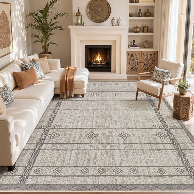 cotiled 5x7 Area Rugs Living Room Rug: Washable Boho Rugs with Non Slip Backing Large Soft Indoor Stain Resistant Carpet for Bedroom Farmhouse Dining Room Lightweight Home Decor Grey Brown