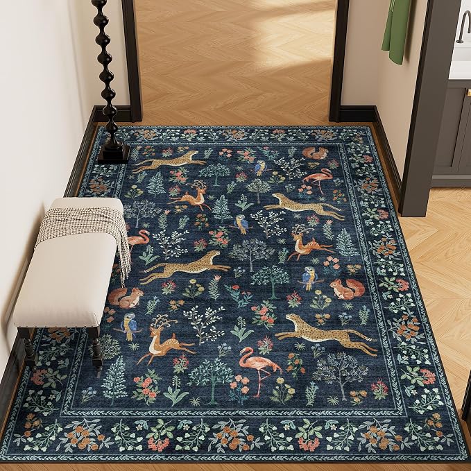 DUKINO 3x5 Rug, Washable Animal Area Rug for Bedroom Non Slip, Navy Blue | Low Pile, Stain Resistant, Soft Indoor Carpet for Living Room, Kitchen, Dining Room, Nursery, Lightweight, Pet Friendly